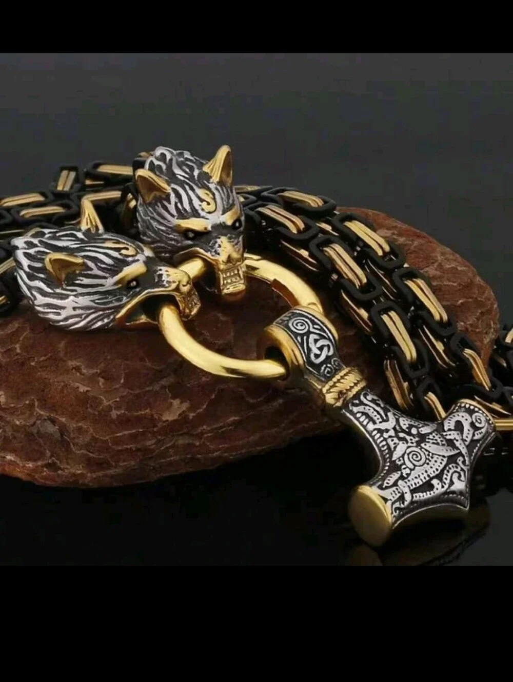 Hammer & Wolf Pendant Necklace in Black and Gold
